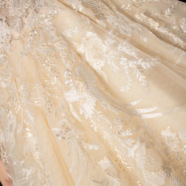 Affordable Champagne Wedding Dresses 2019 Ball Gown Off-The-Shoulder Bell sleeves Backless Appliques Lace Pearl Beading Cathedral Train Ruffle