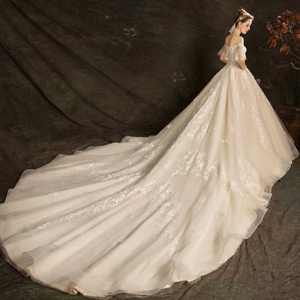 Affordable Champagne Wedding Dresses 2019 Ball Gown Off-The-Shoulder Bell sleeves Backless Appliques Lace Pearl Beading Cathedral Train Ruffle