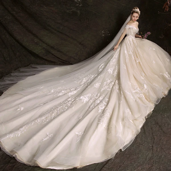 Affordable Champagne Wedding Dresses 2019 Ball Gown Off-The-Shoulder Bell sleeves Backless Appliques Lace Pearl Beading Cathedral Train Ruffle