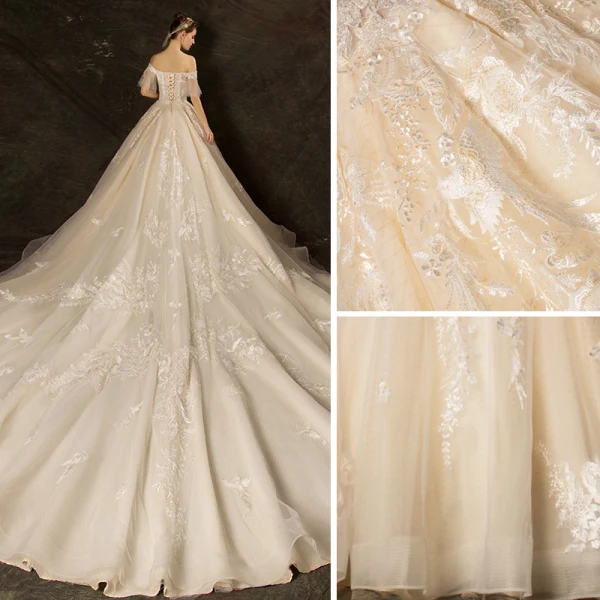 Affordable Champagne Wedding Dresses 2019 Ball Gown Off-The-Shoulder Bell sleeves Backless Appliques Lace Pearl Beading Cathedral Train Ruffle