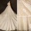 Affordable Champagne Wedding Dresses 2019 Ball Gown Off-The-Shoulder Bell sleeves Backless Appliques Lace Pearl Beading Cathedral Train Ruffle