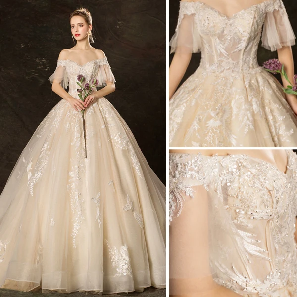 Affordable Champagne Wedding Dresses 2019 Ball Gown Off-The-Shoulder Bell sleeves Backless Appliques Lace Pearl Beading Cathedral Train Ruffle