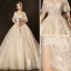 Affordable Champagne Wedding Dresses 2019 Ball Gown Off-The-Shoulder Bell sleeves Backless Appliques Lace Pearl Beading Cathedral Train Ruffle