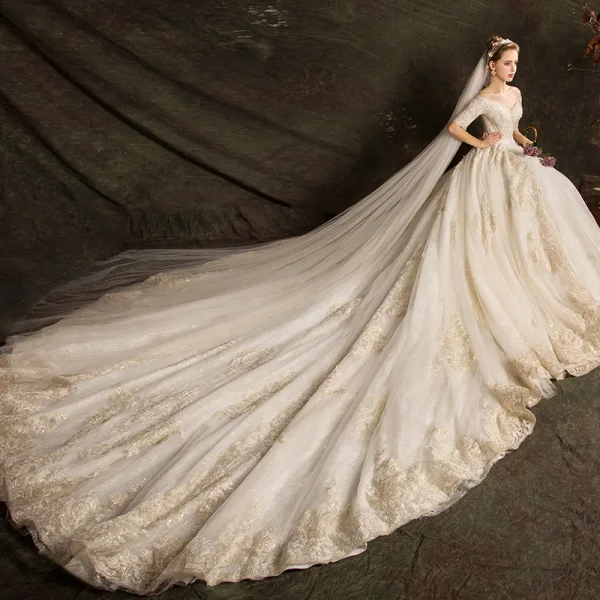 Elegant Champagne Wedding Dresses 2019 Ball Gown Off-The-Shoulder 1/2 Sleeves Backless Appliques Lace Beading Glitter Tulle Cathedral Train Ruffle