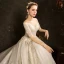 Elegant Champagne Wedding Dresses 2019 Ball Gown Off-The-Shoulder 1/2 Sleeves Backless Appliques Lace Beading Glitter Tulle Cathedral Train Ruffle