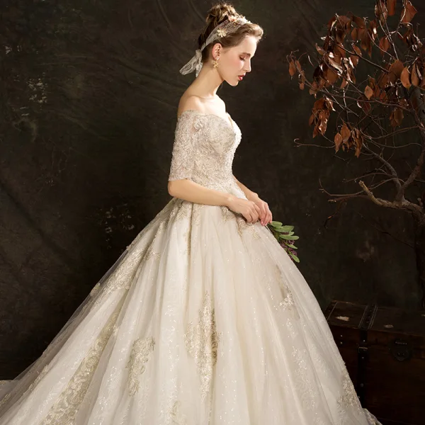 Elegant Champagne Wedding Dresses 2019 Ball Gown Off-The-Shoulder 1/2 Sleeves Backless Appliques Lace Beading Glitter Tulle Cathedral Train Ruffle