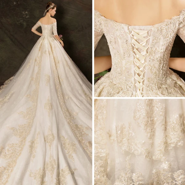 Elegant Champagne Wedding Dresses 2019 Ball Gown Off-The-Shoulder 1/2 Sleeves Backless Appliques Lace Beading Glitter Tulle Cathedral Train Ruffle