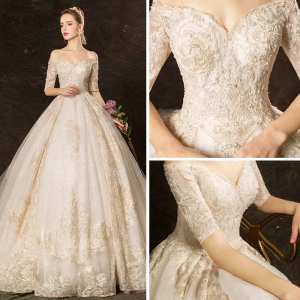 Elegant Champagne Wedding Dresses 2019 Ball Gown Off-The-Shoulder 1/2 Sleeves Backless Appliques Lace Beading Glitter Tulle Cathedral Train Ruffle