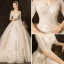 Elegant Champagne Wedding Dresses 2019 Ball Gown Off-The-Shoulder 1/2 Sleeves Backless Appliques Lace Beading Glitter Tulle Cathedral Train Ruffle