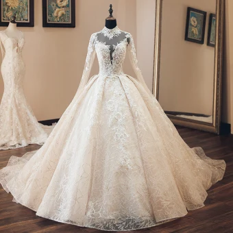 Luxury Gorgeous Vintage Retro Champagne See Through Wedding Dresses 2019 Audrey Hepburn Style Ball Gown High Neck Long Sleeve Backless Appliques Lace Beading Glitter Tulle Cathedral Train Ruffle