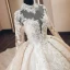 Luxe Vintage / Originale Champagne Transparentes Robe De Mariée 2019 Style Audrey Hepburn Robe Boule Col Haut Manches Longues Dos Nu Appliques En Dentelle Perlage Glitter Tulle Cathedral Train Volants