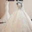 Luxe Vintage / Originale Champagne Transparentes Robe De Mariée 2019 Style Audrey Hepburn Robe Boule Col Haut Manches Longues Dos Nu Appliques En Dentelle Perlage Glitter Tulle Cathedral Train Volants