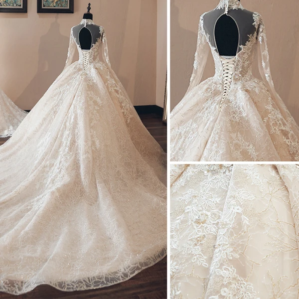Luxe Vintage / Originale Champagne Transparentes Robe De Mariée 2019 Style Audrey Hepburn Robe Boule Col Haut Manches Longues Dos Nu Appliques En Dentelle Perlage Glitter Tulle Cathedral Train Volants