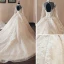Luxe Vintage / Originale Champagne Transparentes Robe De Mariée 2019 Style Audrey Hepburn Robe Boule Col Haut Manches Longues Dos Nu Appliques En Dentelle Perlage Glitter Tulle Cathedral Train Volants