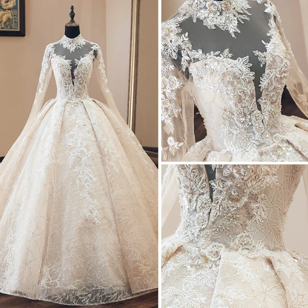 Luxe Vintage / Originale Champagne Transparentes Robe De Mariée 2019 Style Audrey Hepburn Robe Boule Col Haut Manches Longues Dos Nu Appliques En Dentelle Perlage Glitter Tulle Cathedral Train Volants