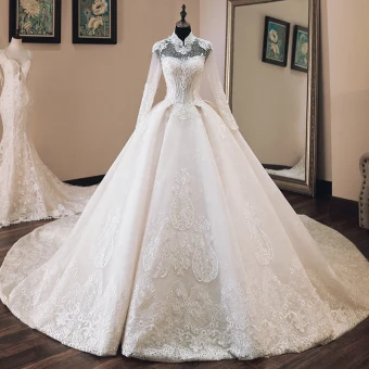 Luxe Chinese Stijl Ivoor Doorzichtige Trouwjurken 2019 Baljurk Hoge Kraag Lange Mouwen Ruglooze Appliques Kant Kralen Cathedral Train Ruche