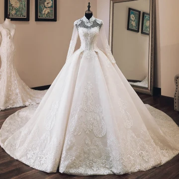Luxury Gorgeous Chinese Style Ivory See Through Wedding Dresses 2019 Ball Gown High Neck Long Sleeve Backless Appliques Lace Beading Cathedral Train Ruffle