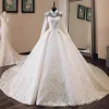 Luxury / Gorgeous Chinese style Ivory See-through Wedding Dresses 2019 Ball Gown High Neck Long Sleeve Backless Appliques Lace Beading Cathedral Train Ruffle