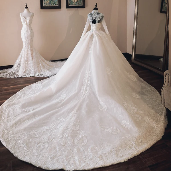 Luxury / Gorgeous Chinese style Ivory See-through Wedding Dresses 2019 Ball Gown High Neck Long Sleeve Backless Appliques Lace Beading Cathedral Train Ruffle