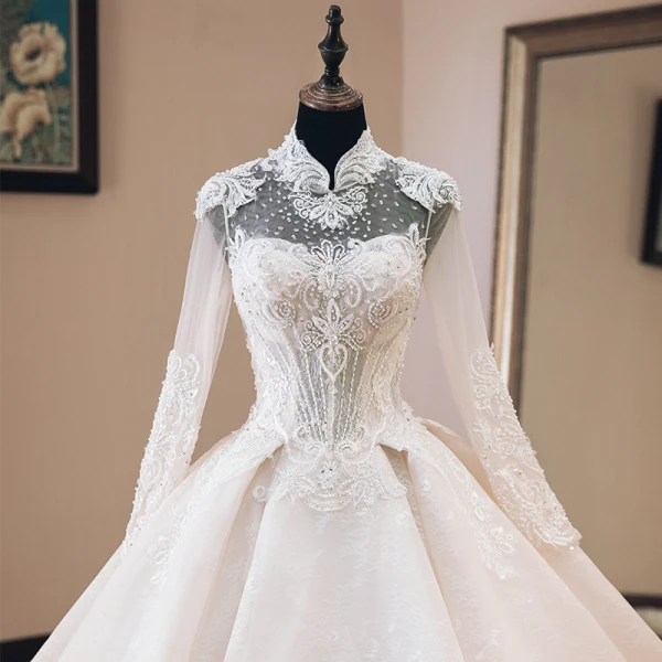 Luxury / Gorgeous Chinese style Ivory See-through Wedding Dresses 2019 Ball Gown High Neck Long Sleeve Backless Appliques Lace Beading Cathedral Train Ruffle