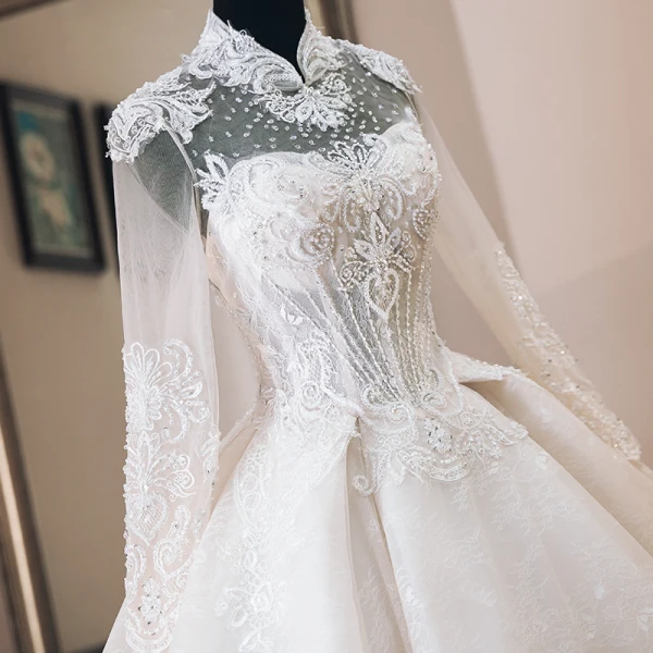 Luxury / Gorgeous Chinese style Ivory See-through Wedding Dresses 2019 Ball Gown High Neck Long Sleeve Backless Appliques Lace Beading Cathedral Train Ruffle