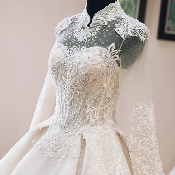 Luxury / Gorgeous Chinese style Ivory See-through Wedding Dresses 2019 Ball Gown High Neck Long Sleeve Backless Appliques Lace Beading Cathedral Train Ruffle