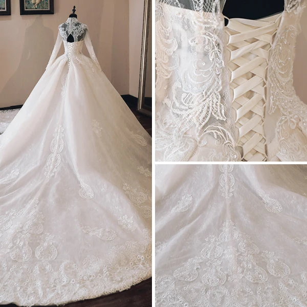 Luxury / Gorgeous Chinese style Ivory See-through Wedding Dresses 2019 Ball Gown High Neck Long Sleeve Backless Appliques Lace Beading Cathedral Train Ruffle
