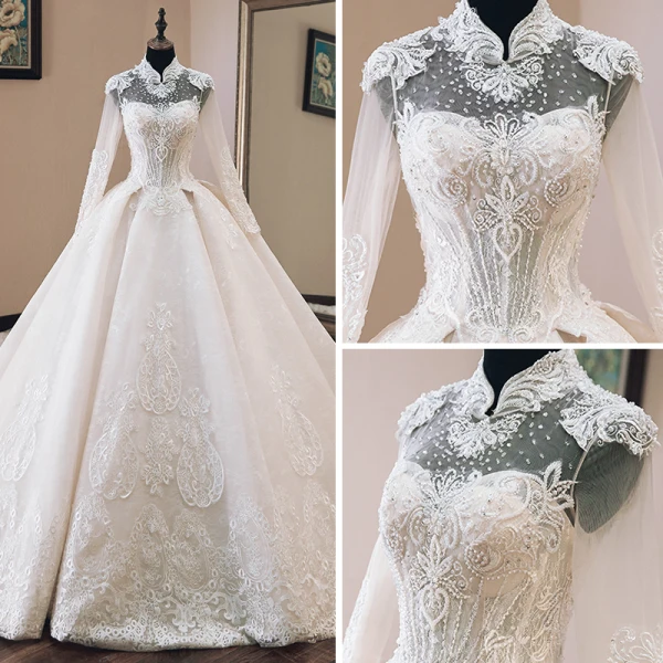 Luxury / Gorgeous Chinese style Ivory See-through Wedding Dresses 2019 Ball Gown High Neck Long Sleeve Backless Appliques Lace Beading Cathedral Train Ruffle