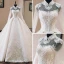 Luxury / Gorgeous Chinese style Ivory See-through Wedding Dresses 2019 Ball Gown High Neck Long Sleeve Backless Appliques Lace Beading Cathedral Train Ruffle