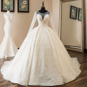 Luxe Champagne Transparentes Robe De Mariée 2019 Robe Boule Encolure Dégagée Manches Longues Dos Nu Appliques En Dentelle Perlage Cathedral Train Volants