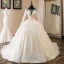 Luxury / Gorgeous Champagne See-through Wedding Dresses 2019 Ball Gown Scoop Neck Long Sleeve Backless Appliques Lace Beading Cathedral Train Ruffle