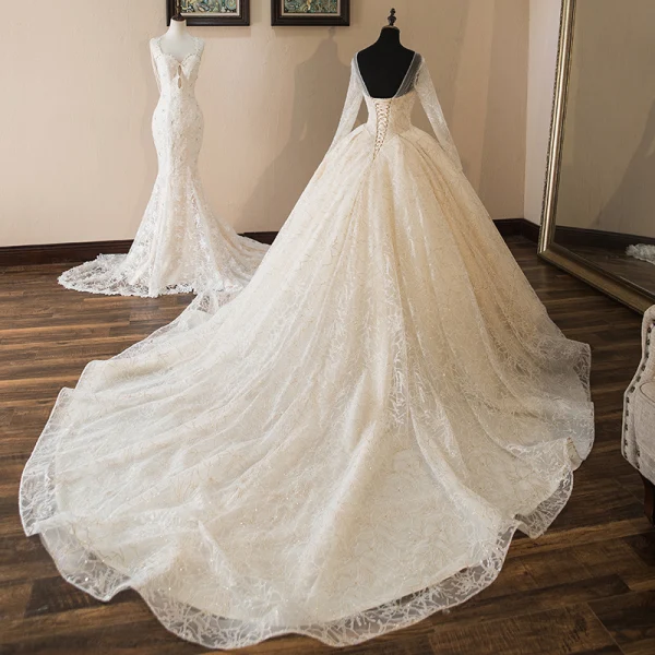 Luxury / Gorgeous Champagne See-through Wedding Dresses 2019 Ball Gown Scoop Neck Long Sleeve Backless Appliques Lace Beading Cathedral Train Ruffle