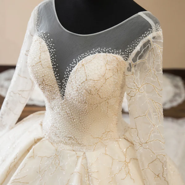 Luxury / Gorgeous Champagne See-through Wedding Dresses 2019 Ball Gown Scoop Neck Long Sleeve Backless Appliques Lace Beading Cathedral Train Ruffle