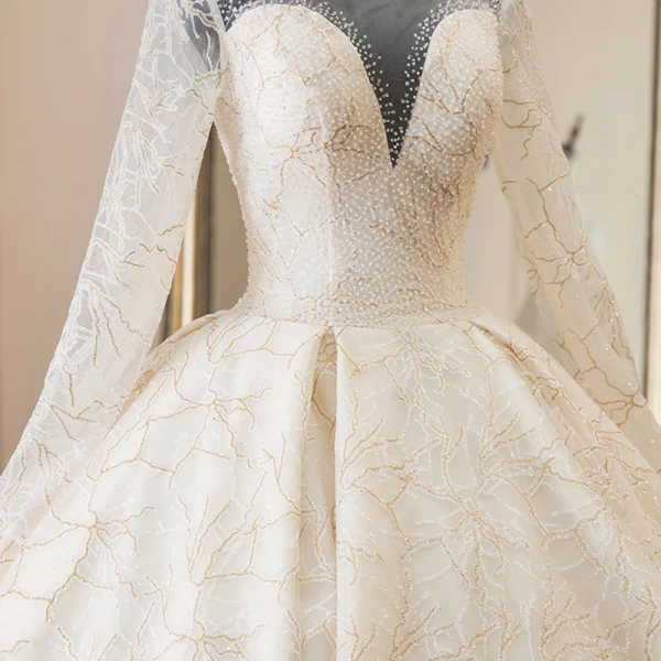 Luxury / Gorgeous Champagne See-through Wedding Dresses 2019 Ball Gown Scoop Neck Long Sleeve Backless Appliques Lace Beading Cathedral Train Ruffle