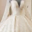 Luxury / Gorgeous Champagne See-through Wedding Dresses 2019 Ball Gown Scoop Neck Long Sleeve Backless Appliques Lace Beading Cathedral Train Ruffle