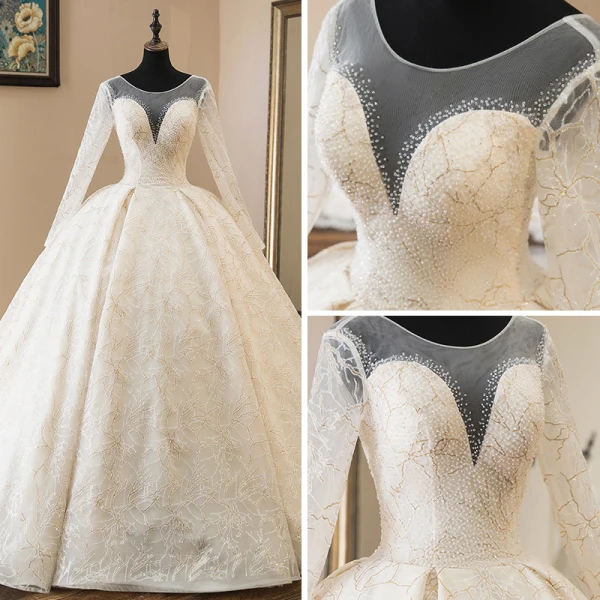 Luxury / Gorgeous Champagne See-through Wedding Dresses 2019 Ball Gown Scoop Neck Long Sleeve Backless Appliques Lace Beading Cathedral Train Ruffle