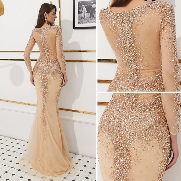 Luxe Doré Transparentes Robe De Soirée 2019 Trompette / Sirène V-Cou Manches Longues Paillettes Faux Diamant Perlage Train De Balayage Robe De Ceremonie
