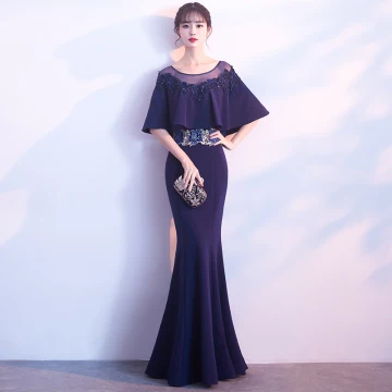 Élégant Bleu Marine Transparentes Robe De Soirée 2018 Trompette Sirène Encolure Dégagée 1 2 Manches Appliques En Dentelle Faux Diamant Longue Volants Robe De Ceremonie
