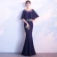 Élégant Bleu Marine Transparentes Robe De Soirée 2018 Trompette / Sirène Encolure Dégagée 1/2 Manches Appliques En Dentelle Faux Diamant Longue Volants Robe De Ceremonie