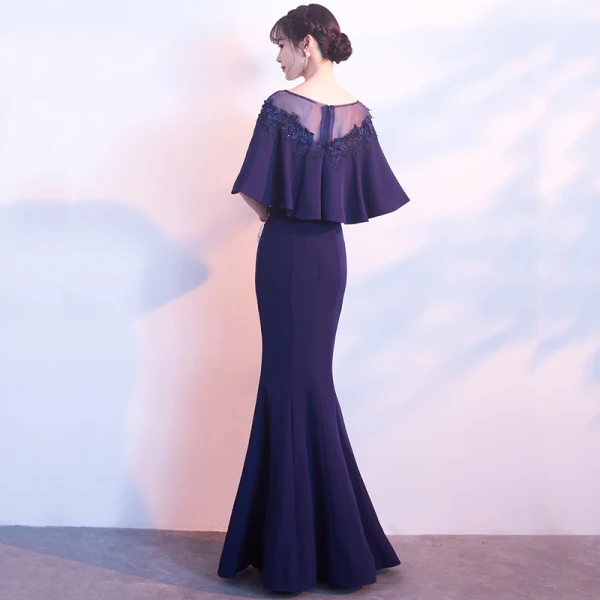 Élégant Bleu Marine Transparentes Robe De Soirée 2018 Trompette / Sirène Encolure Dégagée 1/2 Manches Appliques En Dentelle Faux Diamant Longue Volants Robe De Ceremonie