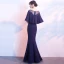 Élégant Bleu Marine Transparentes Robe De Soirée 2018 Trompette / Sirène Encolure Dégagée 1/2 Manches Appliques En Dentelle Faux Diamant Longue Volants Robe De Ceremonie