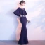 Élégant Bleu Marine Transparentes Robe De Soirée 2018 Trompette / Sirène Encolure Dégagée 1/2 Manches Appliques En Dentelle Faux Diamant Longue Volants Robe De Ceremonie