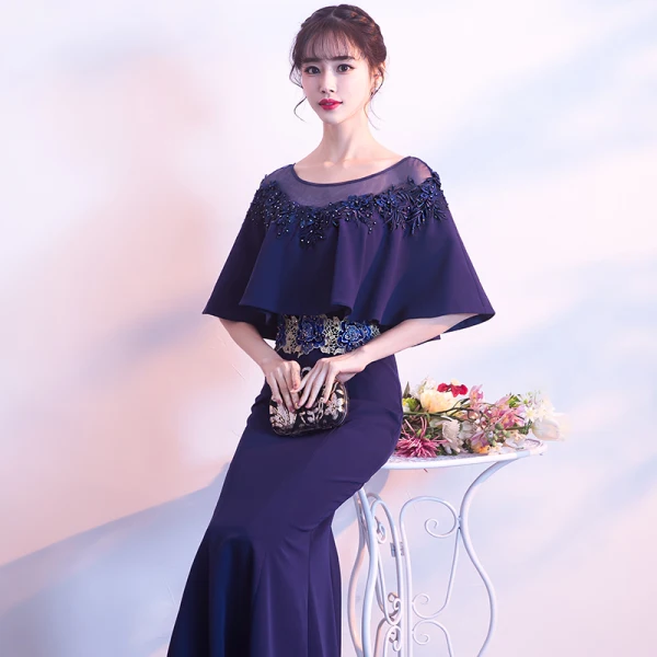 Élégant Bleu Marine Transparentes Robe De Soirée 2018 Trompette / Sirène Encolure Dégagée 1/2 Manches Appliques En Dentelle Faux Diamant Longue Volants Robe De Ceremonie