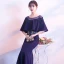 Élégant Bleu Marine Transparentes Robe De Soirée 2018 Trompette / Sirène Encolure Dégagée 1/2 Manches Appliques En Dentelle Faux Diamant Longue Volants Robe De Ceremonie