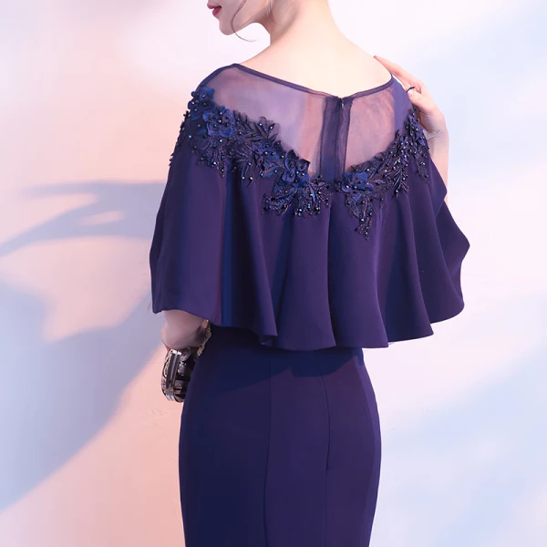 Élégant Bleu Marine Transparentes Robe De Soirée 2018 Trompette / Sirène Encolure Dégagée 1/2 Manches Appliques En Dentelle Faux Diamant Longue Volants Robe De Ceremonie