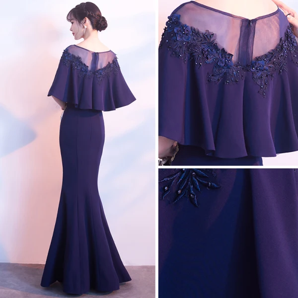 Élégant Bleu Marine Transparentes Robe De Soirée 2018 Trompette / Sirène Encolure Dégagée 1/2 Manches Appliques En Dentelle Faux Diamant Longue Volants Robe De Ceremonie