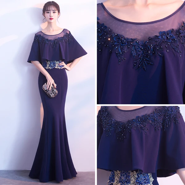 Élégant Bleu Marine Transparentes Robe De Soirée 2018 Trompette / Sirène Encolure Dégagée 1/2 Manches Appliques En Dentelle Faux Diamant Longue Volants Robe De Ceremonie