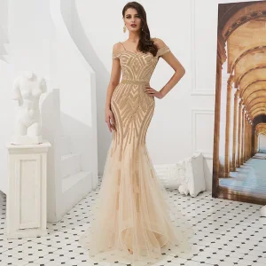 Luxury Gorgeous Gold Evening Dresses 2019 Trumpet Mermaid Off The Shoulder Spaghetti Straps Short Sleeve Beading Floor Length Long Ruffle Backless Formal Dresses