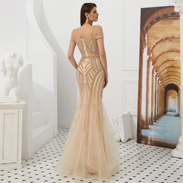 Luxury / Gorgeous Gold Evening Dresses 2019 Trumpet / Mermaid Off-The-Shoulder Spaghetti Straps Short Sleeve Beading Floor-Length / Long Ruffle Backless Formal Dresses