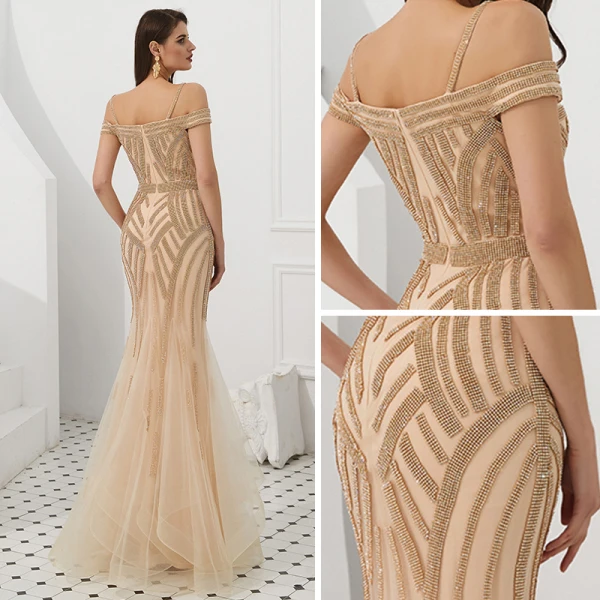 Luxury / Gorgeous Gold Evening Dresses 2019 Trumpet / Mermaid Off-The-Shoulder Spaghetti Straps Short Sleeve Beading Floor-Length / Long Ruffle Backless Formal Dresses